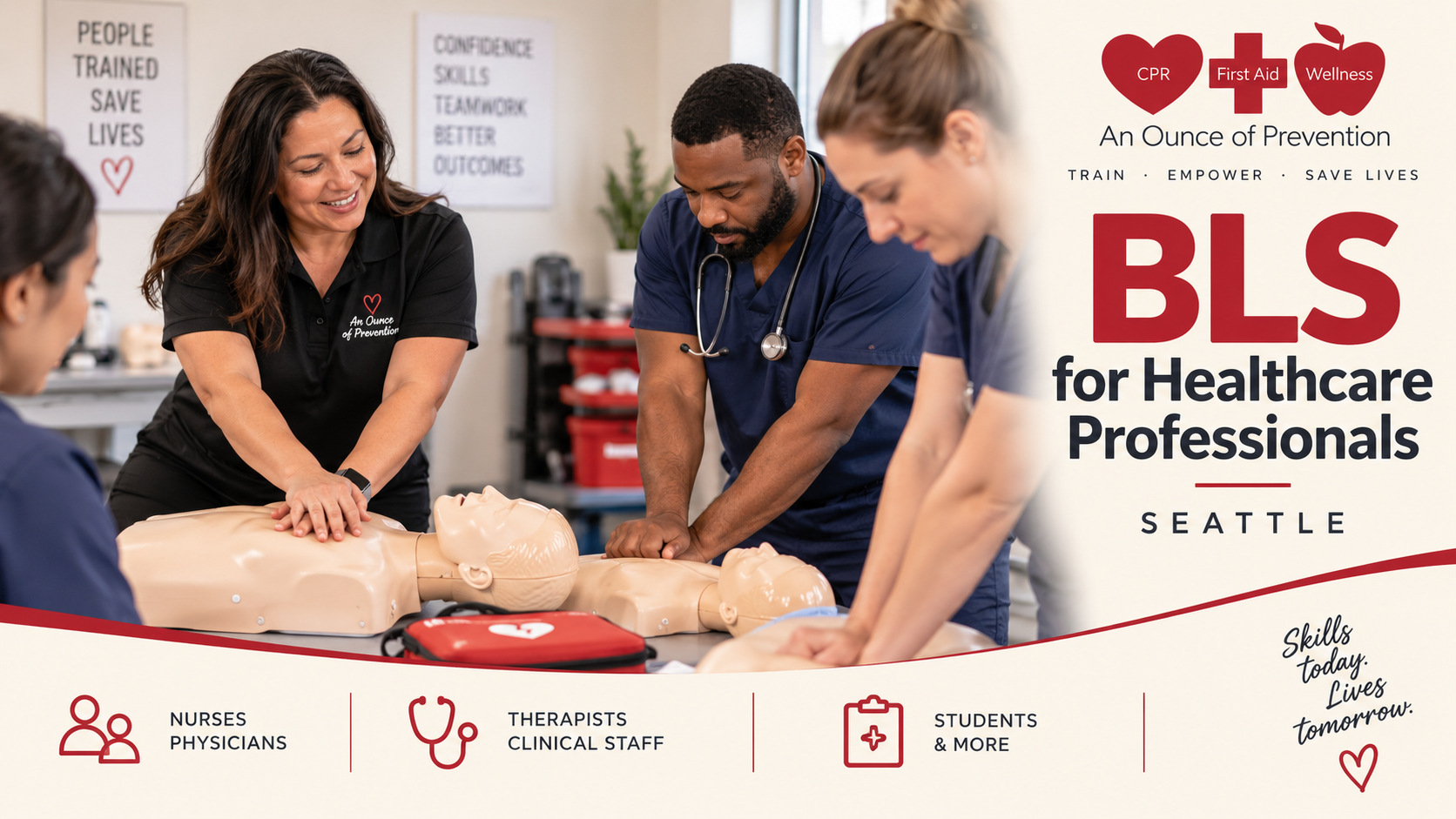 Healthcare professionals practicing hands-on CPR with adult manikins during a BLS training class in Seattle.