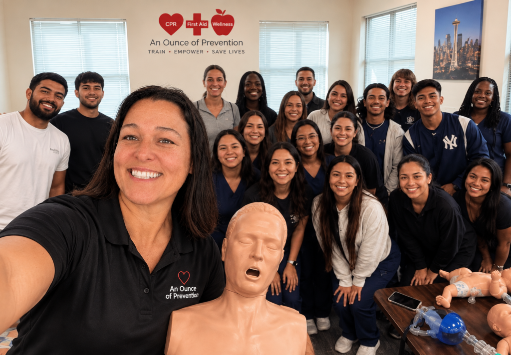 CPR instructor and paramedic Marlo Holloway with healthcare students and CPR training manikins during a hands-on BLS class in Seattle.