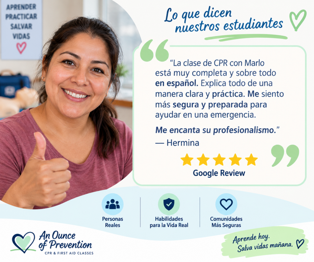 Testimonio de cinco estrellas de Hermina sobre la clase de RCP en español de Marlo, junto a una profesional latina de cuidado infantil.