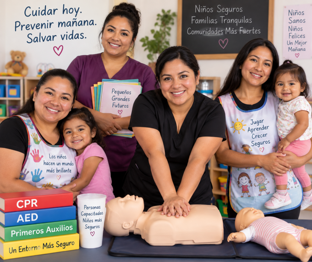 Childcare providers practicing CPR during Spanish-language training.